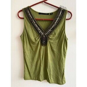 Vintage Y2K Michelle Nicole Beaded Tank Top Olive Green Sequin Mesh V Neck S
